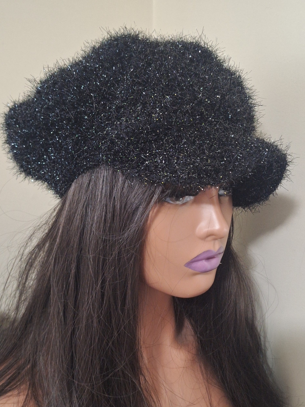 Sparkle Fuzzy Black Newsboy Hat for Women